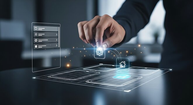 User interface (UI) design concept. A designer's hand drags and drops a simple icon onto a holographic app layout