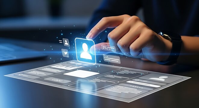 User interface (UI) design concept. A designer's hand drags and drops a simple icon onto a holographic app layout