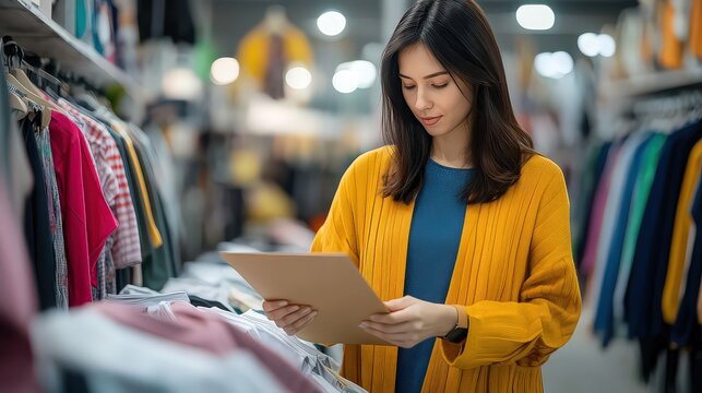 Young woman shopping for clothes in a retail store, holding a clipboard to check inventory or prices