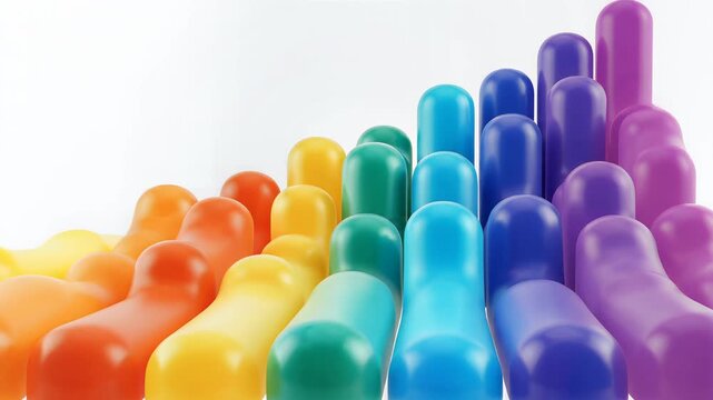 Rainbow bowling pins rising animation, close-up studio shot, commercial use