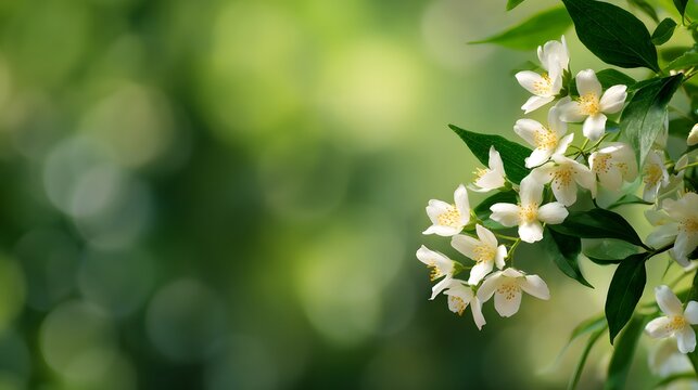 spring border, blooming jasmine bush on a green background. Soft selective focus with copy space