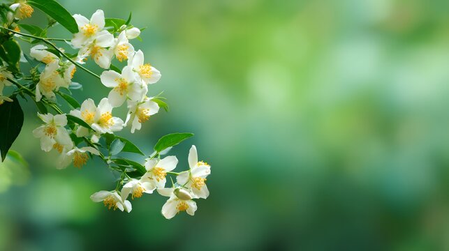 spring border, blooming jasmine bush on a green background. Soft selective focus with copy space