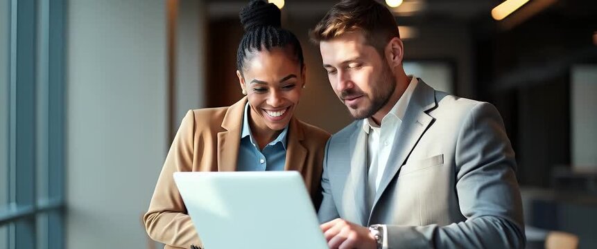 Happy professional smiling businessman and businesswoman having conversation at work executives team of two business people working talking using laptop technology standing in corporate office concept
