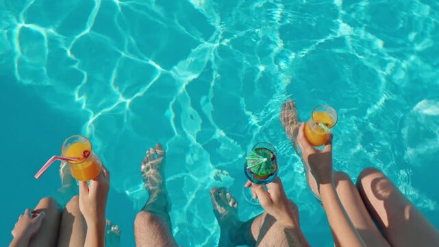 Feet dangling in clear blue swimming pool water holding refreshing tropical cocktails, enjoying summer vacation relaxation, sunny day sunbeams shimmering.