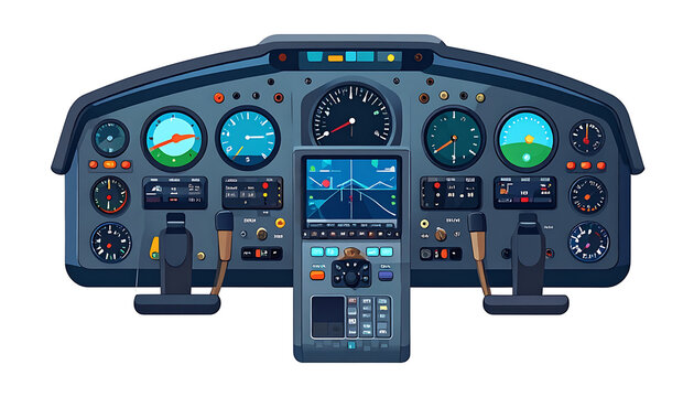 Pixel art airplane cockpit dashboard with multiple gauges, screens, and controls, retro digital aviation technology