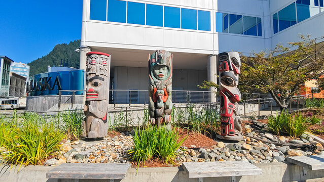 Juneau, Alaska - USA - August 5, 2024 - Totem Poles at Marine Way