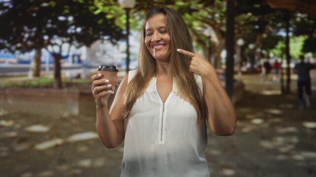 Woman points finger to cheek holding coffee cup on street while smiling broadly, visible teeth and hand gesture; relaxation joy friendliness.
