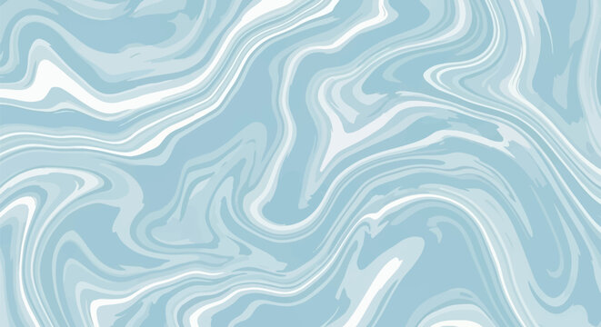 Abstract light blue and white marble texture background featuring fluid flowing swirls and pale cyan liquid paint mixing patterns. Vector style marbling effect with soft organic lines.