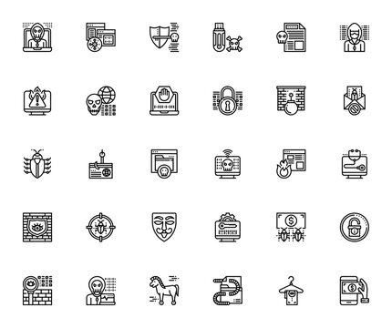 Hacker icon set. Cyber security vector pack. Minimal line icons. Includes symbols for hacker, virus, phishing, malware, firewall, spyware, trojan, encryption, antivirus and more.