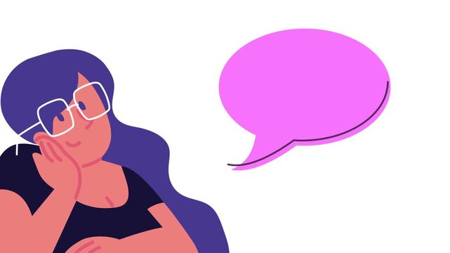 Woman with eyeglasses and purple hair contemplating with an empty speech bubble for text or message content motion clip.