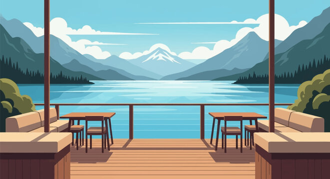 Vector illustration of an outdoor wooden deck patio featuring dining tables and lounge seating with a scenic view of a calm blue lake, pine forest, and snow-capped mountain peaks.