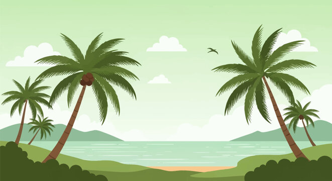 Tropical landscape vector illustration featuring green palm trees with coconuts on a grassy shore overlooking a calm sea with distant hills, white clouds, and a flying bird.