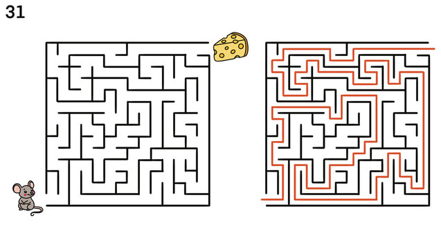 Mouse maze puzzle for kids with cheese and solution path