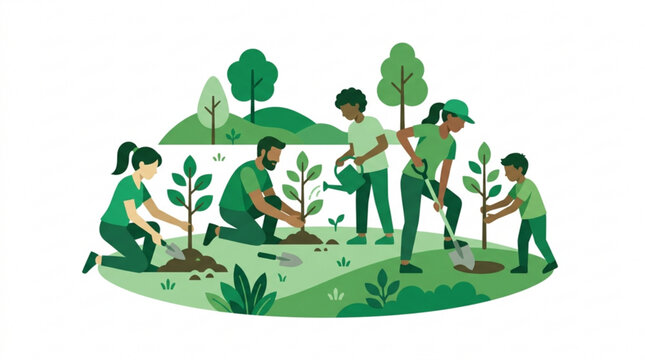 Diverse group of people planting trees and greenery together outdoors in a natural setting