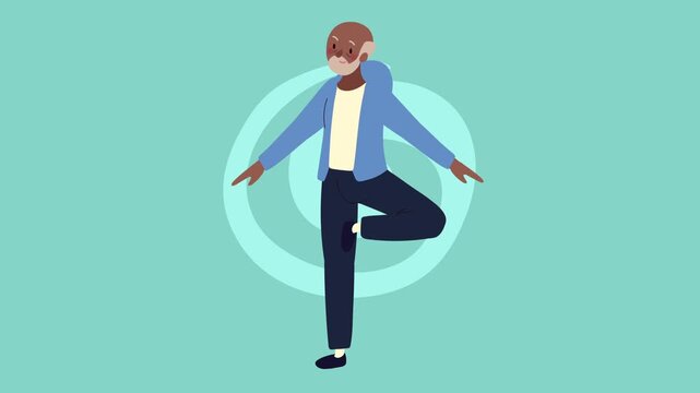 Elderly man practicing yoga tree pose for fitness and balance training with an animated background.