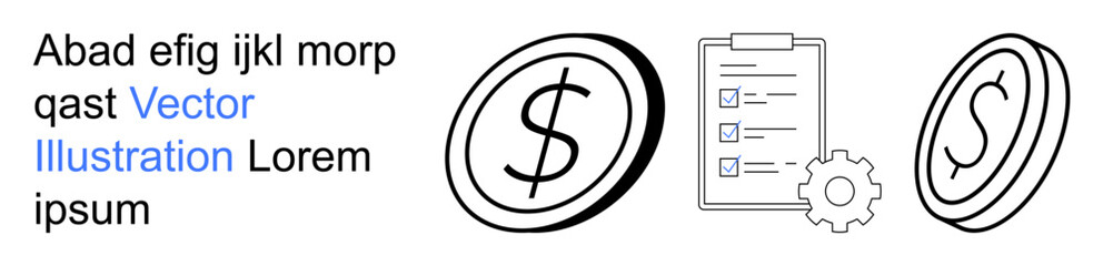 Obraz premium Financial planning, budgeting, decision-making, productivity, workflow, management. Two dollar coins, checklist with gear. Financial planning and budgeting concepts