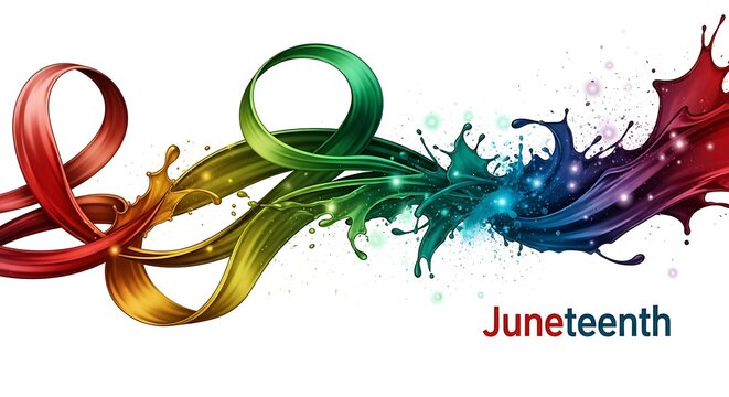 Abstract Juneteenth Celebration with Dynamic Rainbow Paint Splashes and Ribbons on White Background