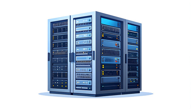 Server rack cluster with multiple data storage units and blinking lights, representing network infrastructure and digital information processing, ideal for IT and cybersecurity concepts