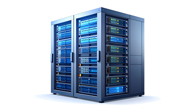 Server rack with multiple blue blinking lights and detailed components, representing data center technology and digital infrastructure, ideal for IT and cloud computing concepts
