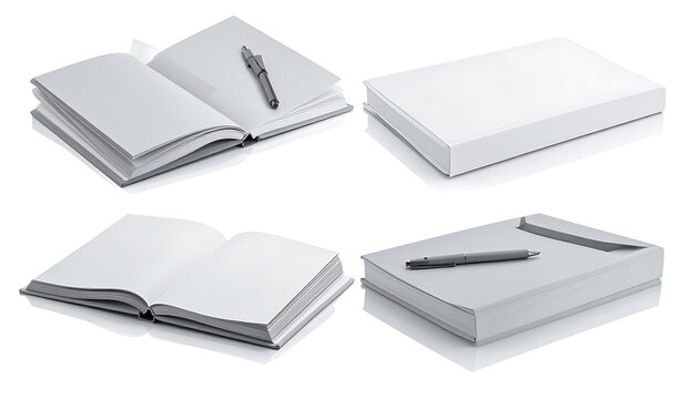 Set of blank notebooks and stacked paper with pen, representing writing and planning, office supplies, stationery collection