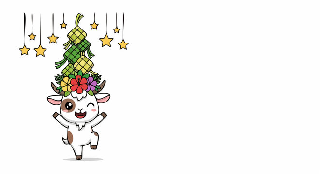 A cute chibi goat mascot balancing ketupat rice cakes on its head for Eid celebration. Festive vector illustration isolated for holiday card design.