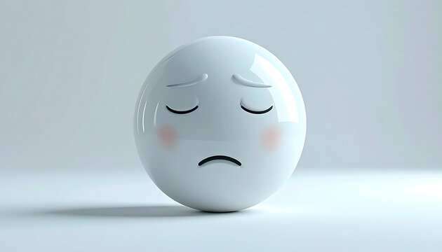 Sad, dejected 3d emoji character with closed eyes and rosy cheeks, conveying disappointment on a light grey studio background with soft shadows, representing negative emotion