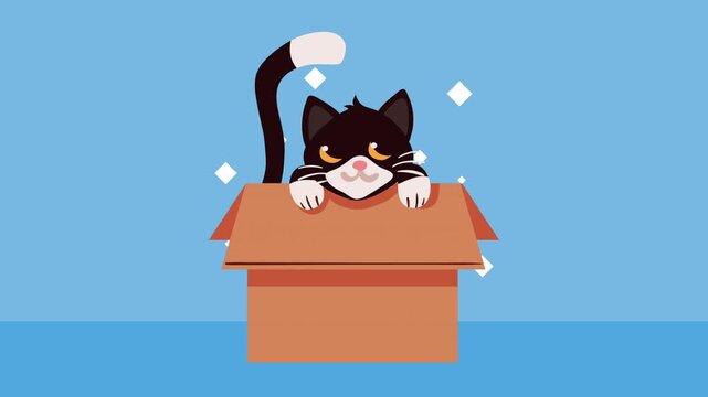 Cute black cat popping up from cardboard box motion animation with blue background and sparkling white diamond shapes.