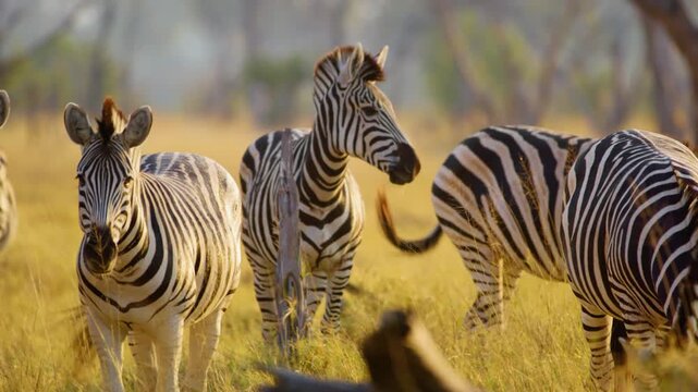A herd of Zebras grazing in Savanna of Moremi Game Reserve of South africa.