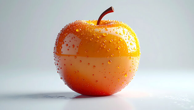 Shiny, glossy orange apple with subtle sparkling glitter details and a brown stem, isolated on a clean white surface, studio lighting