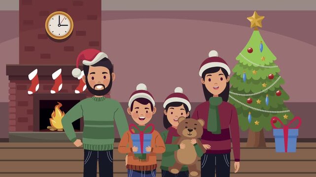 Happy family celebrating christmas at home with gifts and decorated tree in front of fireplace animation.