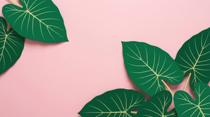 Fototapeta premium Vibrant green leaves on a soft pink background, creating a fresh and natural aesthetic.