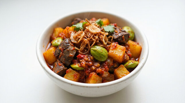 Indonesian sambal goreng kentang with potatoes, chicken liver and stink beans