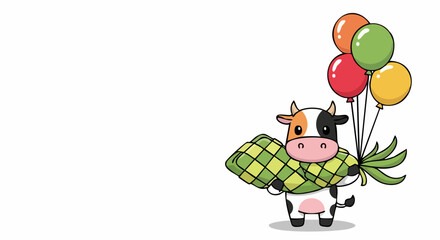 Naklejka premium Adorable chibi cow mascot character carrying ketupat and colorful balloons isolated on a white background.