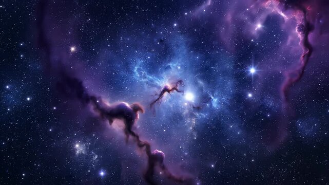 Zooming into a vibrant purple and blue nebula, cosmic clouds, starry sky, space exploration