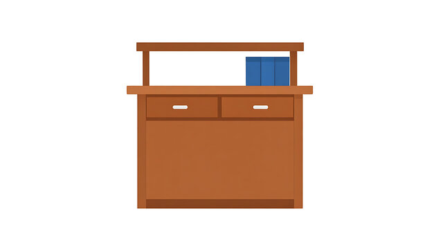 Simple wooden counter with two drawers and a blue object on top, isolated flat illustration