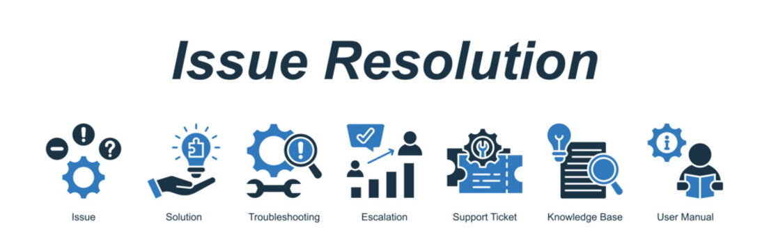 Issue Resolution web banner icon vector illustration concept for with icon of Issue, Solution, Troubleshooting, Escalation, Support Ticket, Knowledge Base, U.