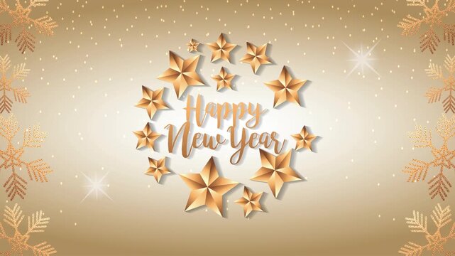 Happy new year greeting animation with golden stars and snowflake patterns on elegant gradient background.