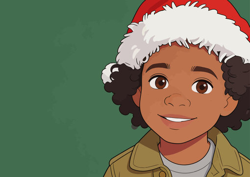 Cute Black Boy Wearing Christmas Santa Hat Illustration