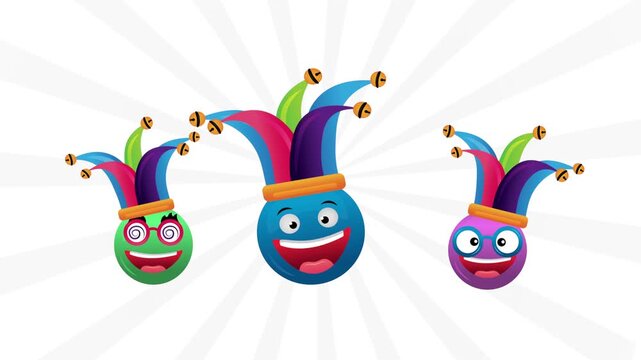 Three playful jester emoji faces with bells dance and express joy on a bright background.