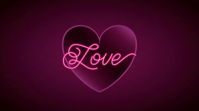 Animated neon heart sign glowing with love text on dark background, romantic motion graphic.