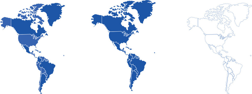 Americas Blue Map Vector Silhouette Set North South Outlines