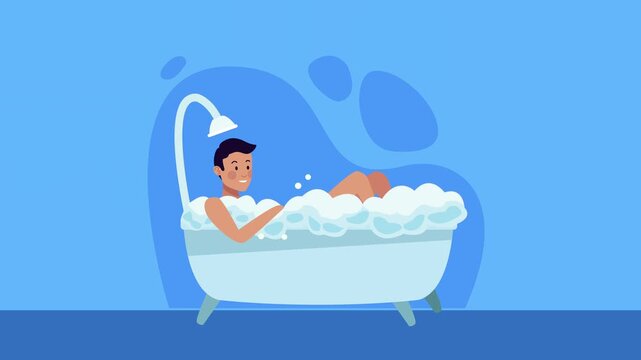 Young man relaxing in bubble bath with animated foam and bathroom background illustration.