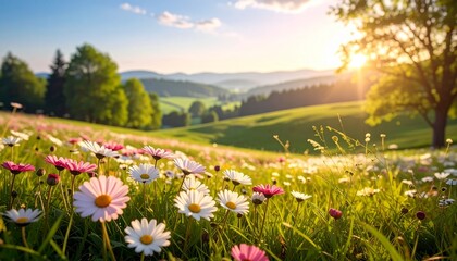 Fototapeta premium A beautiful spring meadow filled with white and pink daisies under a golden sunset, with rolling green hills and trees in the background.