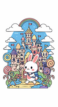 Cute chibi bunny mascot exploring a whimsical candy castle landscape vector illustration.