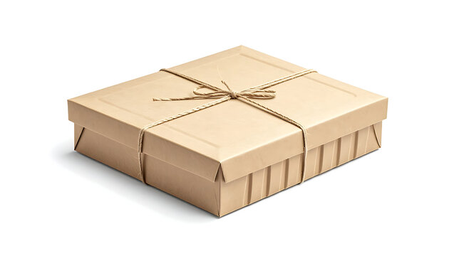 square cardboard gift box tied with natural twine string, isolated on white background, perfect for shipping and packaging
