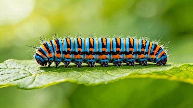 Colorful caterpillar on green leaf