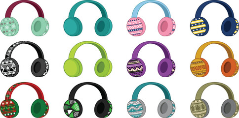 Colorful Winter Earmuff and Fashion Headphone Icon Set Featuring Various Patterns Like Tribal Florals and Christmas Themes for Seasonal Cold Weather Designs © MstRuna