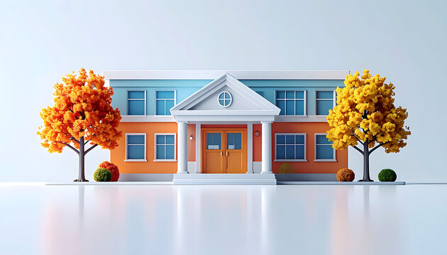 Stylized cartoon school building with autumn trees on either side, bright orange and yellow foliage, clean environment, educational institution concept