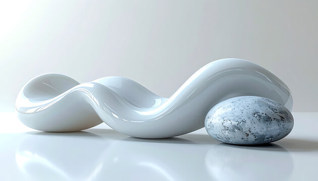 smooth white abstract sculpture with textured sphere on a reflective surface, organic form and modern design elements