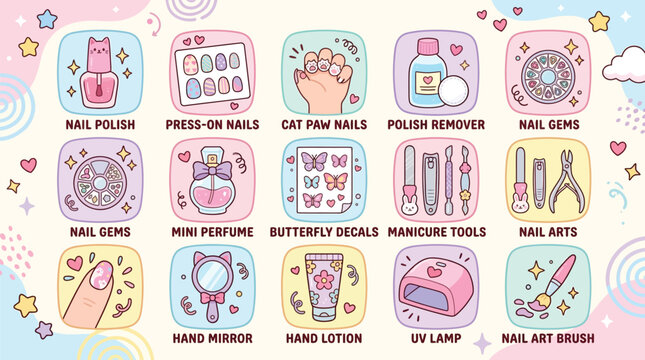 A cute pastel-colored collection of kawaii icons representing various nail care products, manicure tools, and beauty accessories for personal grooming and nail art.